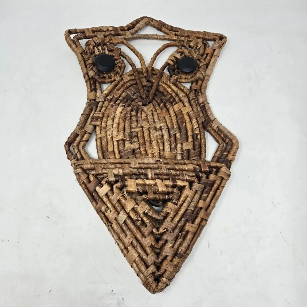 Vintage Woven Wicker Owl Wall Hanging Basket Boho Decor Natural Brown 16.5in